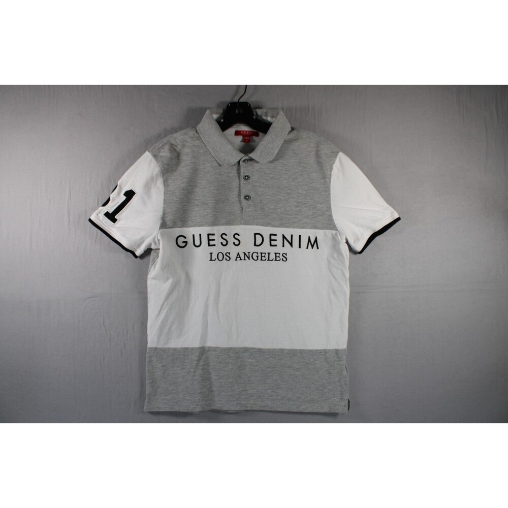 Guess Denim Los Angeles Polo Shirt Mens Small Grey White Graphic Logo S92P05